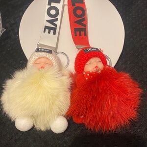 Red or Cream Fluffy bag charms Keychains 8”